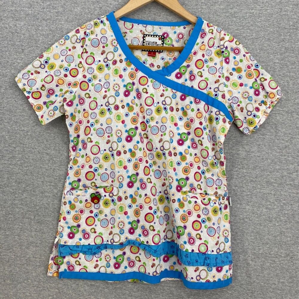 Mary Engelbreit Scrub Top Womens Small Blue Pattern Nursing Vet Medical Uniform